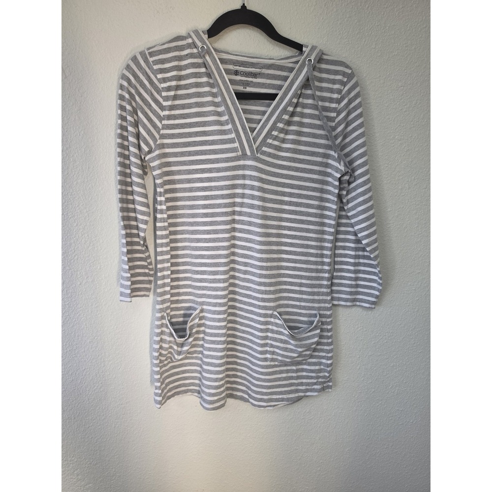 Coolibar Cover Up Women XS Gray White Striped Long Sleeve V-Neck Beach Resort